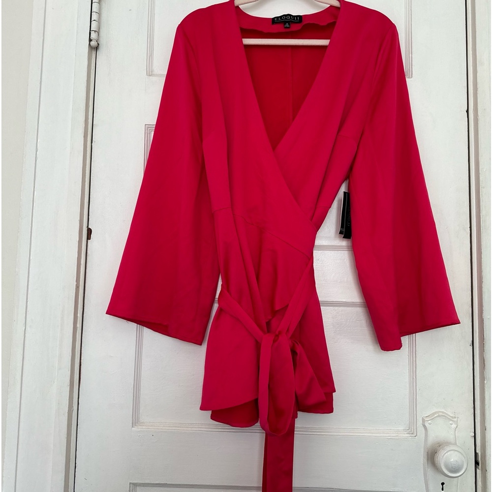 🎉 New Eloquii Red Long Sleeve Tie Waist Wrap Around Top (Size 16) - Picture 12 of 12